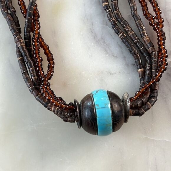 Multi strand, brown wooden and beaded necklace with turquoise - Picture 4 of 11